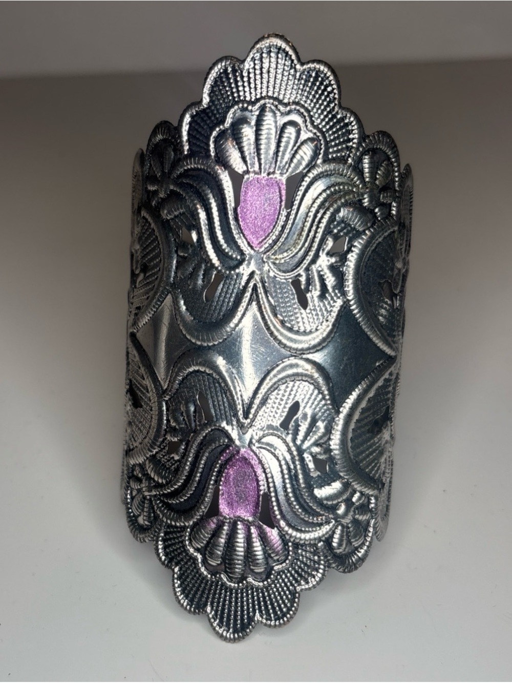 Vintage Silver Tone‎ Floral Filigree Cuff Bracelet Purple Enamel Wide Boho